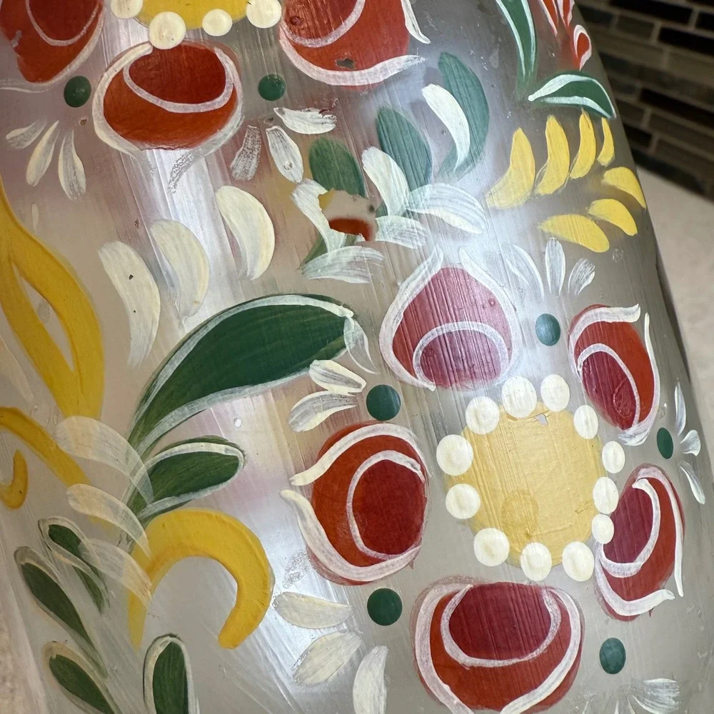 Vintage‎ 1982 Luppino Hand Painted Floral Glass Canister 1.5L Wire Bale Jar